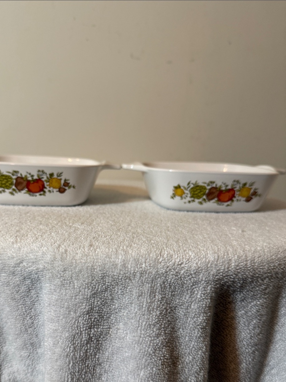 Vintage mini Corningware White Casserole dishes Spice of Life pattern. Set of 2